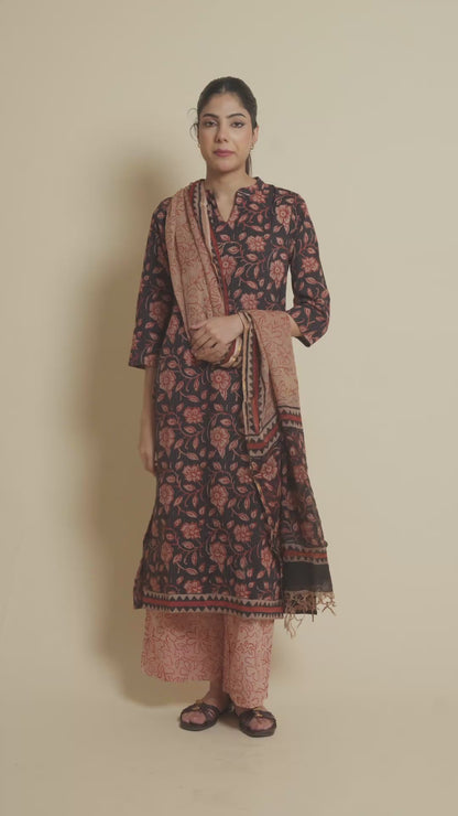 Midnight Bloom Jaipur Hand Block Print Kandha Cotton Kurta Set