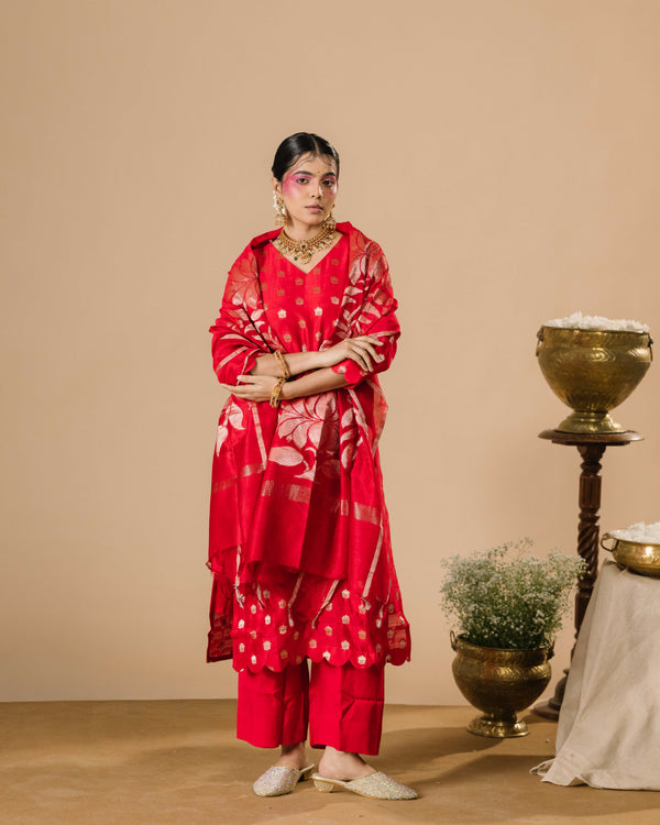 Serena Crimson Pure Mul Chanderi Silk kurta Suits
