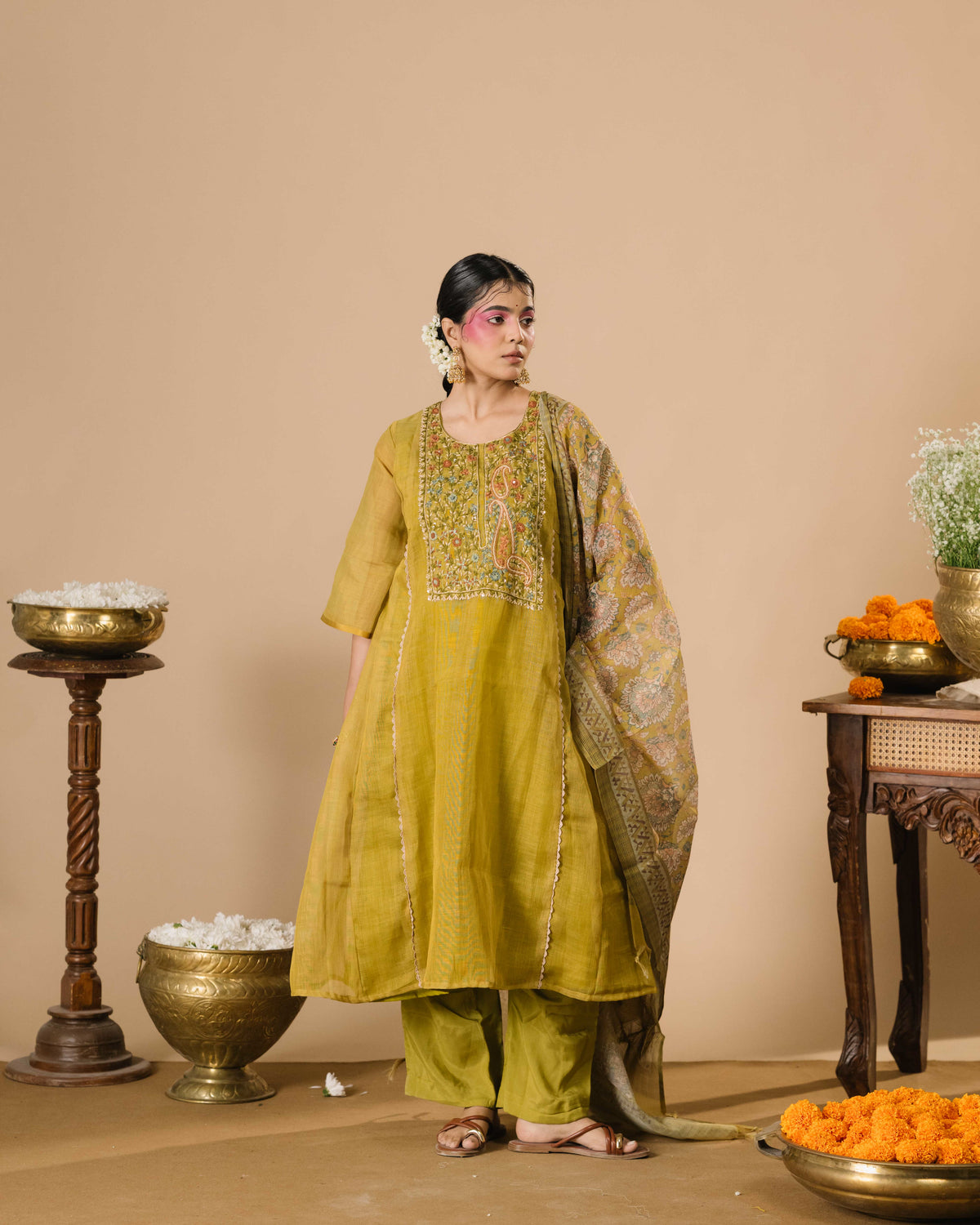Solea Ochre Tissue Silk kurta Suit Set